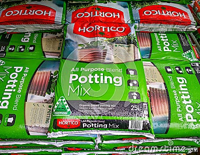 Hortico organic based potting mix ideal for a wide variety of indoor and outdoor plants. Editorial Stock Photo